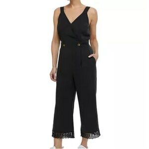 Laundry by Shelli Segal Wide Leg Black Jumpsuit Size 14 V Neck Crochet Trim